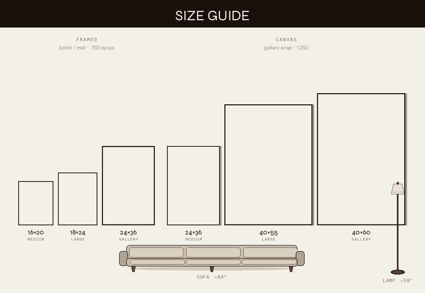 Size guide: framed 16×20 / 18×24 / 24×36 and canvas 24×36 / 40×55 / 40×60 vs sofa