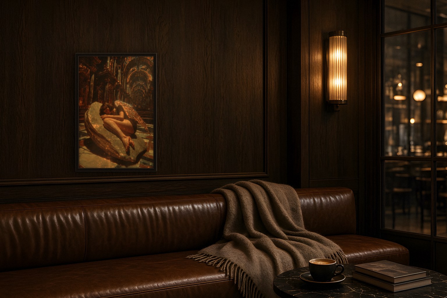 aula in room, thick black frame