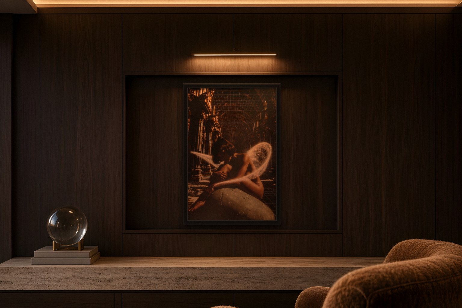 aureola in room, thick black frame