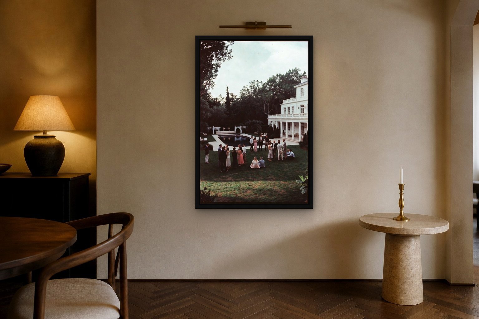 convivium in room, thick black frame