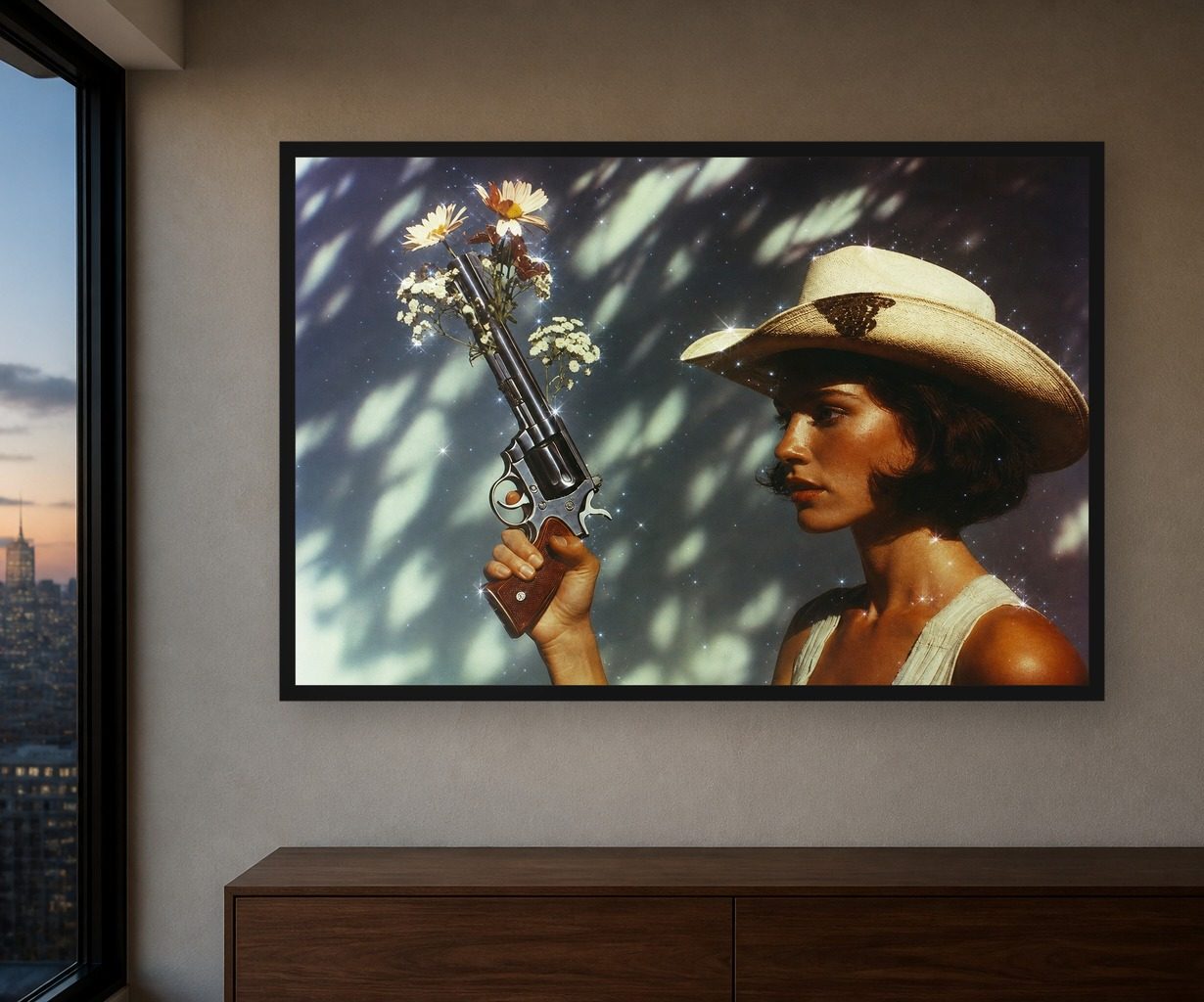 daisy-iron in room, thick black frame
