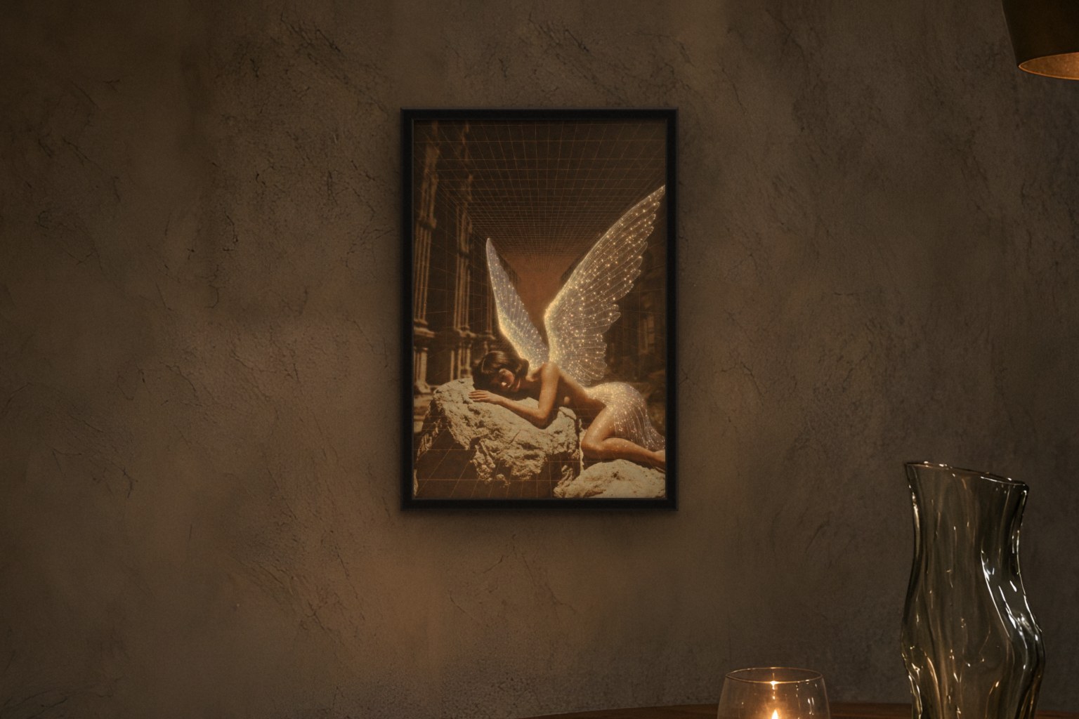 gratia in room, thick black frame