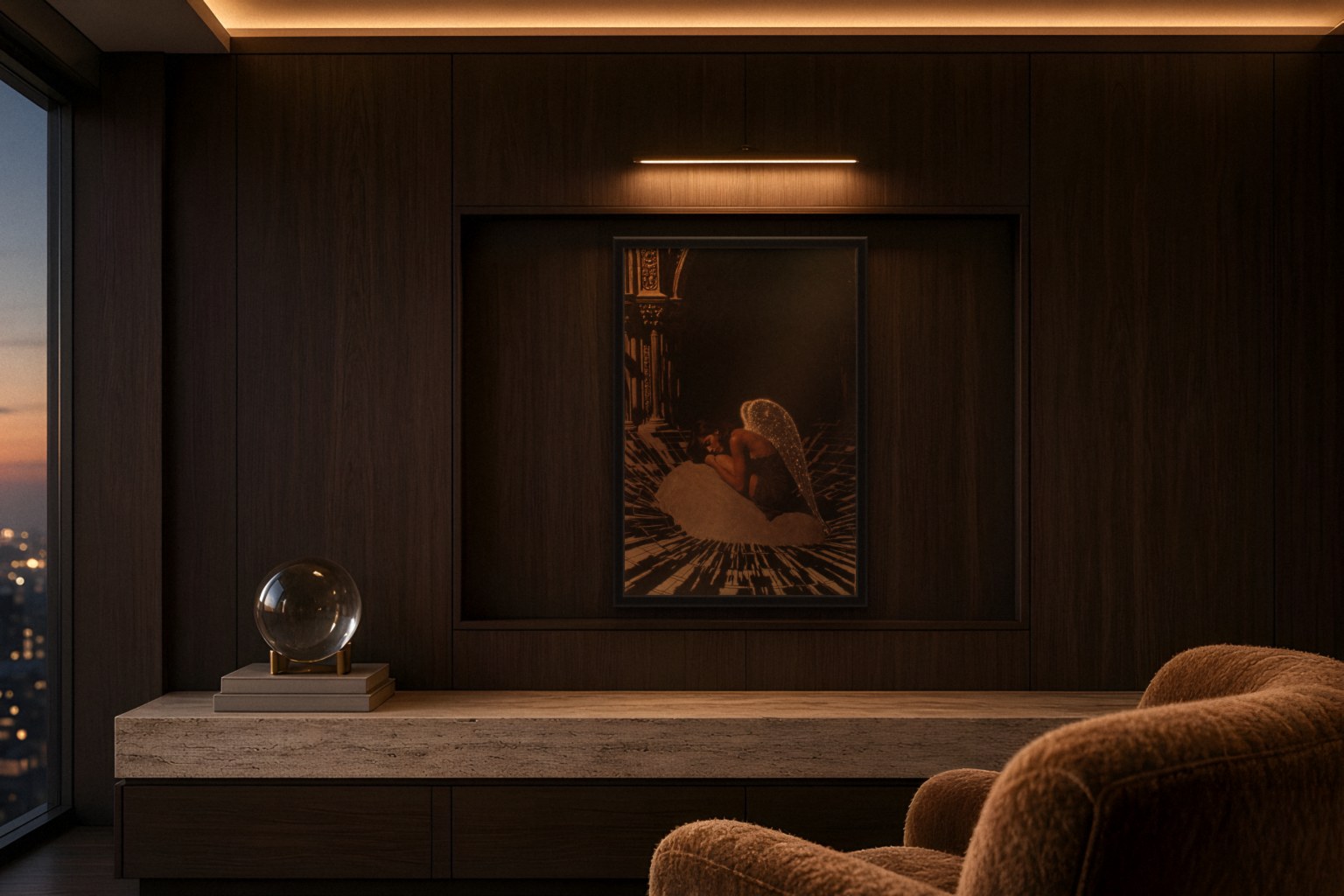 ignis in room, thick black frame