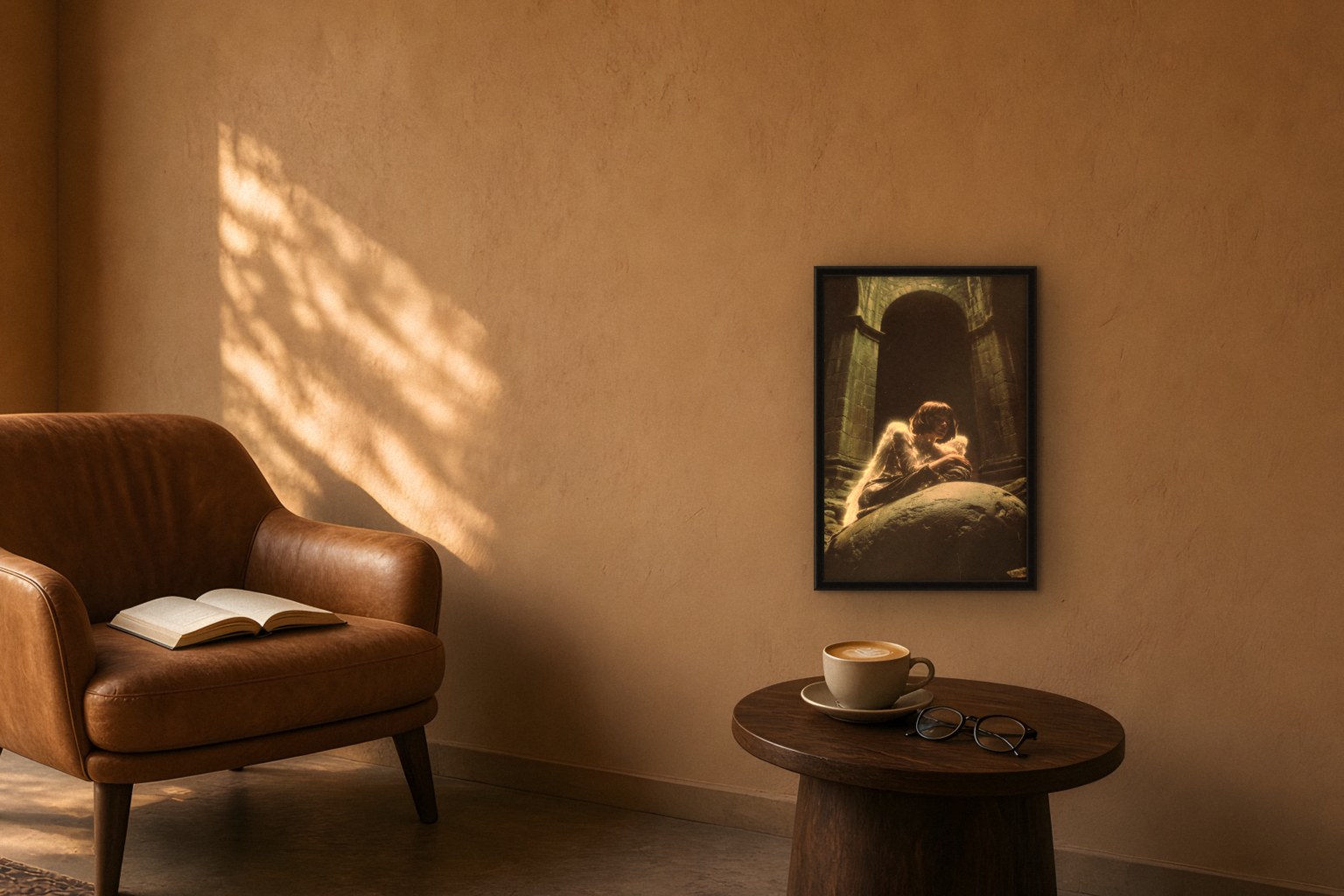 pinna in room, thick black frame