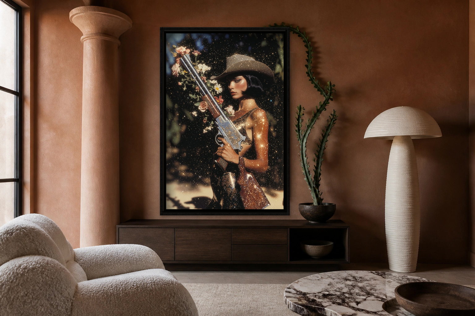 Thyrsus in room, thick black frame